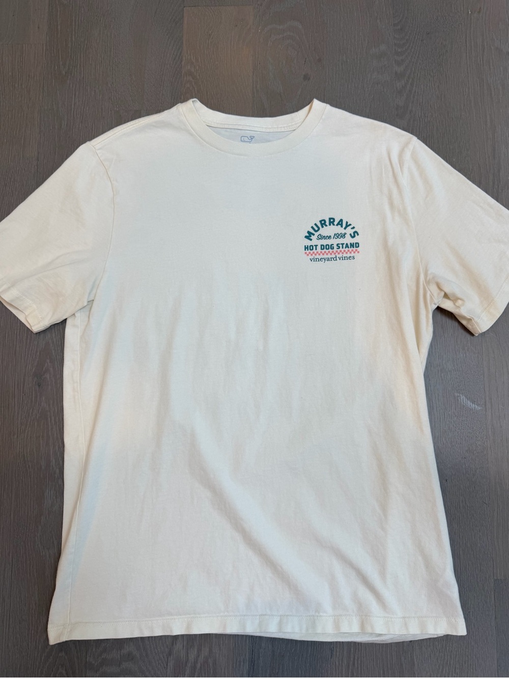 Vineyard Vines Cream Short Sleeve Tee with Teal Murray's Hot Dog Stand Logo
